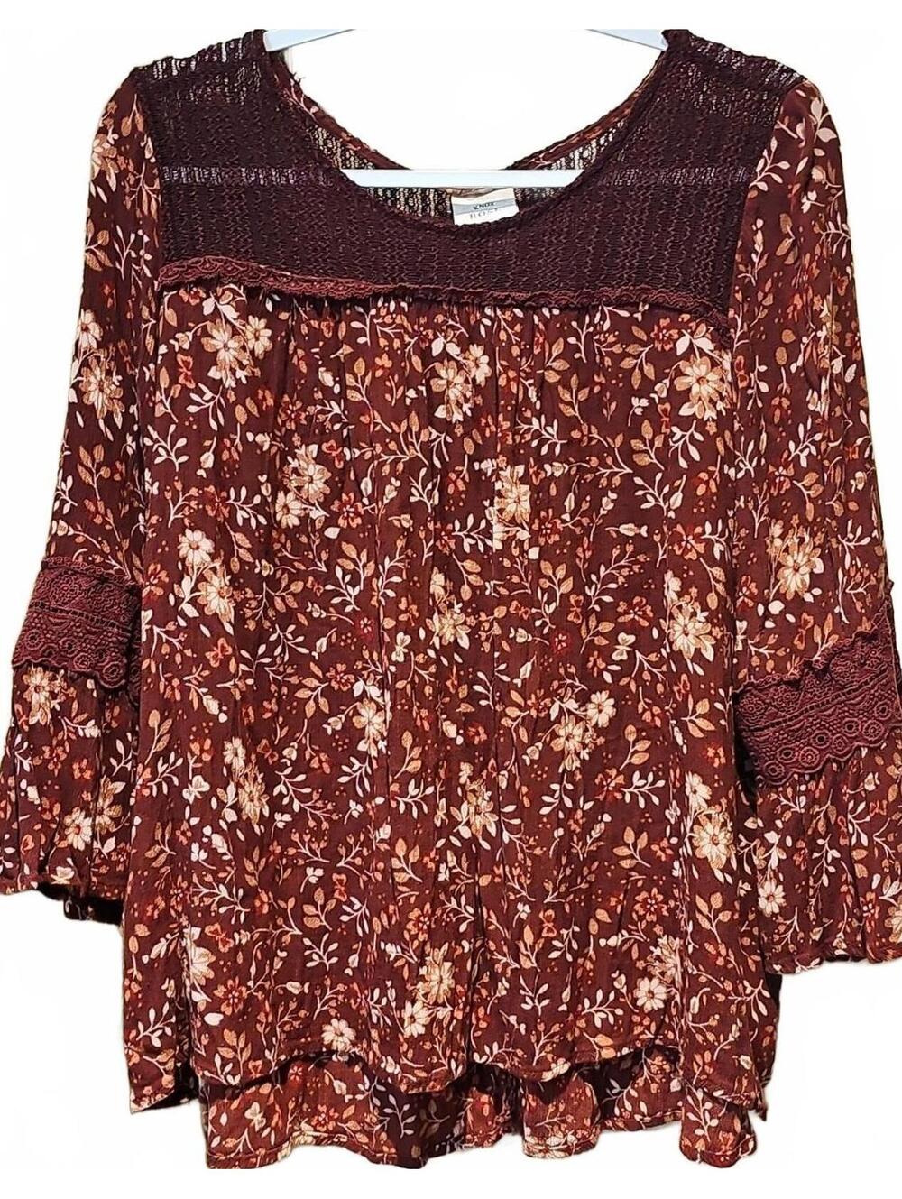 Knox Rose Floral Boho Blouse-3/4 Sleeve-Crochet Accent Size XXL